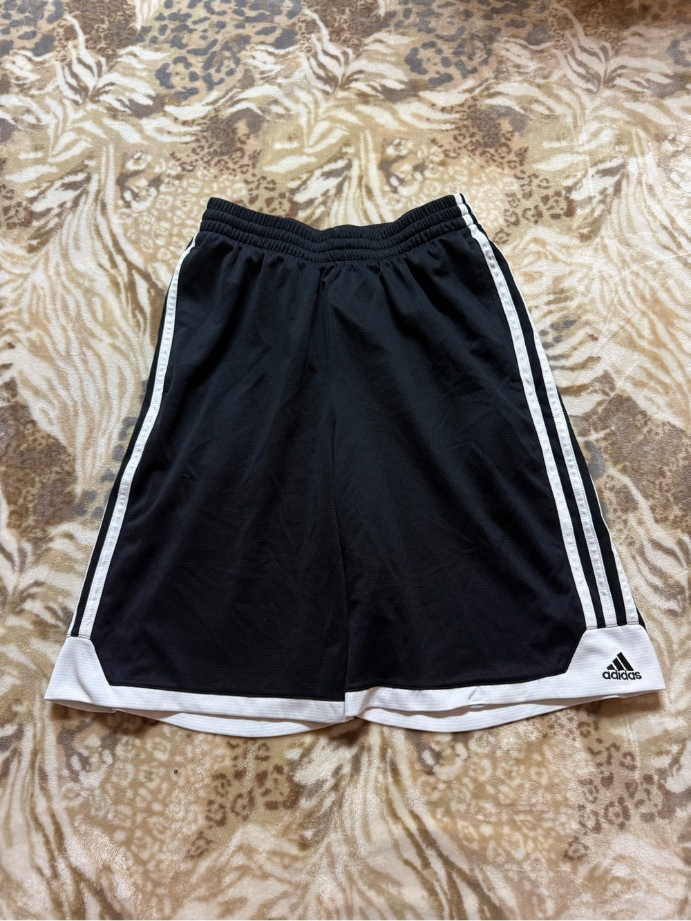 Adidas black polyester shorts with white stripes, size L #athletic #sportswear